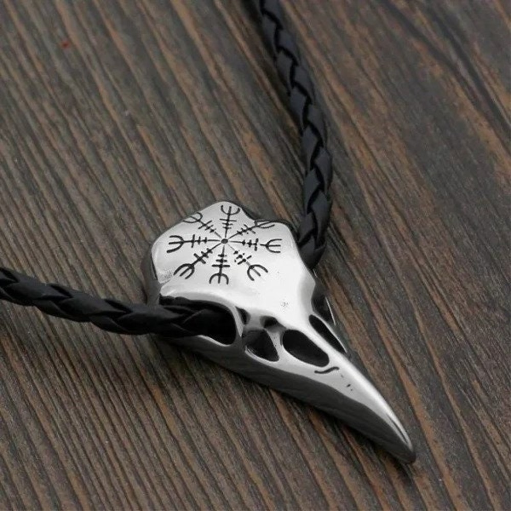 Viking Raven Skull Pendant Necklace Stainless Steel Crow Pendant Rope Chain NWT